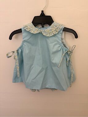 Baby Sen by Remember Nguyen Blue Gingham Baby Matching Set with Floral Trim